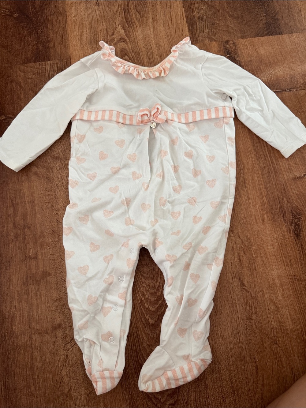 Worn once! Baby Girls Long-Sleeve Heart Print One-Piece in Light Pink and White